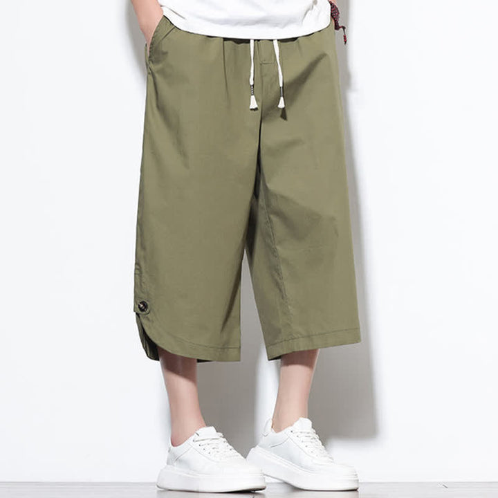 Buddha Stones 夏物カジュアル ドローストリング サイドスリット 無地コットン メンズ ハーレムパンツ ポケット付き - image 7