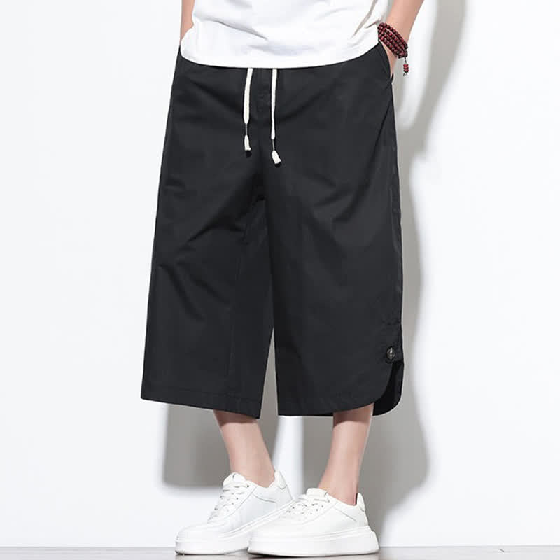 Buddha Stones 夏物カジュアル ドローストリング サイドスリット 無地コットン メンズ ハーレムパンツ ポケット付き - image 15