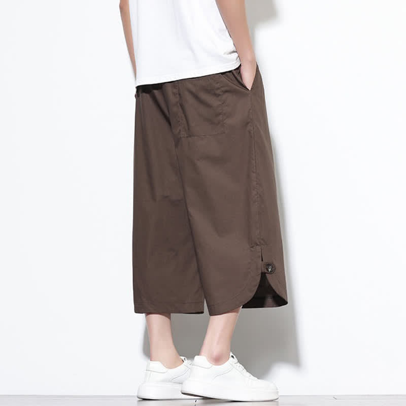 Buddha Stones 夏物カジュアル ドローストリング サイドスリット 無地コットン メンズ ハーレムパンツ ポケット付き - image 33