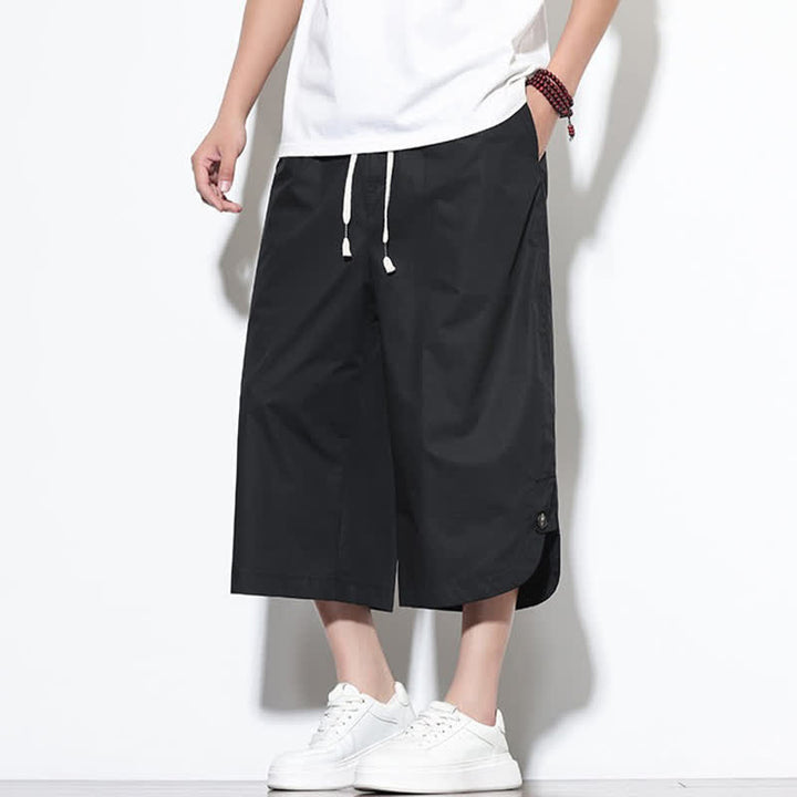 Buddha Stones 夏物カジュアル ドローストリング サイドスリット 無地コットン メンズ ハーレムパンツ ポケット付き - image 14