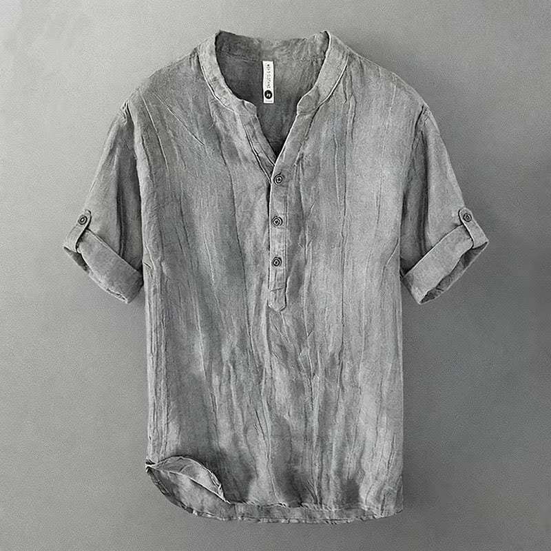 Buddha Stones 夏用ハーフボタンロールスリーブデザインコットンリネンメンズ半袖シャツ - グレー - US/UK/AU46、 EU56 (3XL) - image 0