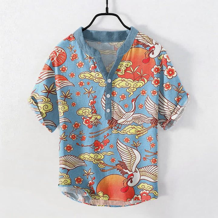 Buddha Stones 純綿 鶴 太陽 雲 花柄 メンズ 半袖 ハーフボタンシャツ - スカイブルー - US/UK/AU50、EU60（5XL） - image 0