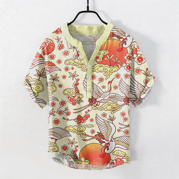 Buddha Stones 純綿 鶴 太陽 雲 花柄 メンズ 半袖 ハーフボタンシャツ - 象牙 - US/UK/AU50、EU60（5XL） - image 3