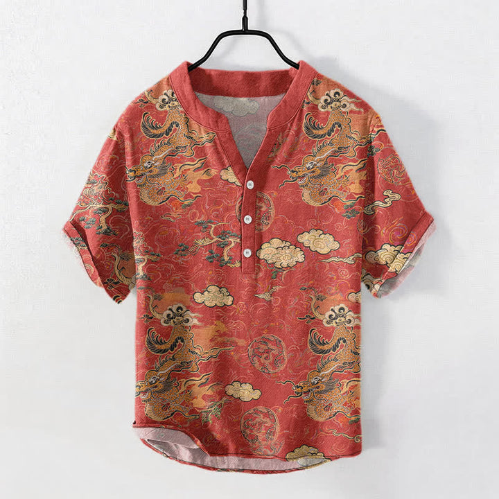 Buddha Stones 綿素材の金龍雲柄メンズ半袖ハーフボタンシャツ - コーラル - US/UK/AU50、EU60（5XL） - image 0