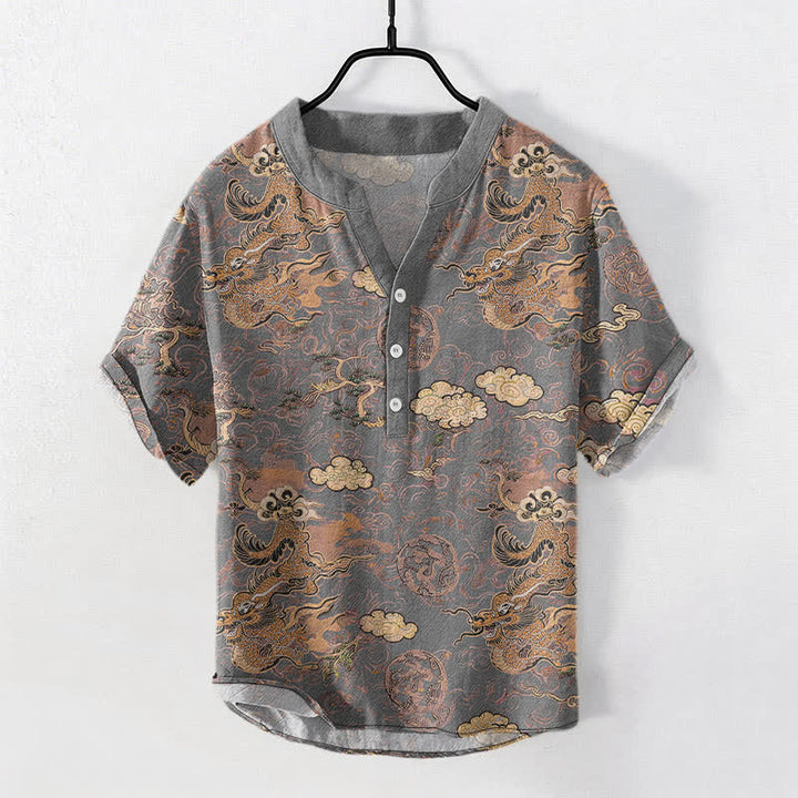 Buddha Stones 綿素材の金龍雲柄メンズ半袖ハーフボタンシャツ - グレー - US/UK/AU50、EU60（5XL） - image 5