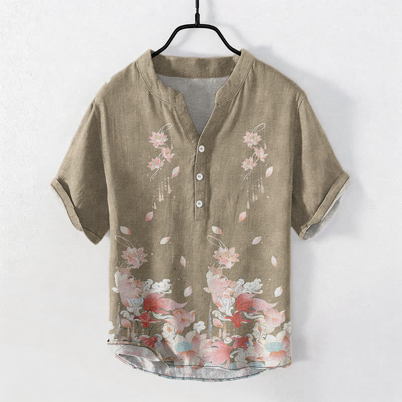 Buddha Stones コットンロータス柄メンズ半袖ハーフボタンシャツ - タン - US/UK/AU50、EU60（5XL） - image 7