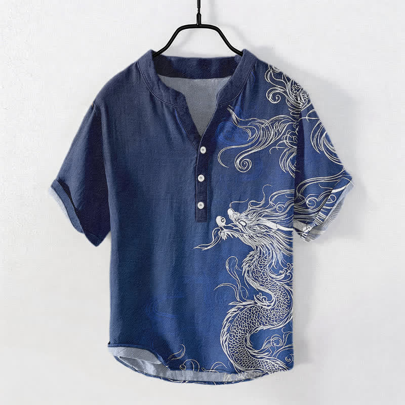 Buddha Stones 綿素材、大きな白龍柄、メンズ半袖ハーフボタンシャツ - 海軍 - US/UK/AU50、EU60（5XL） - image 0