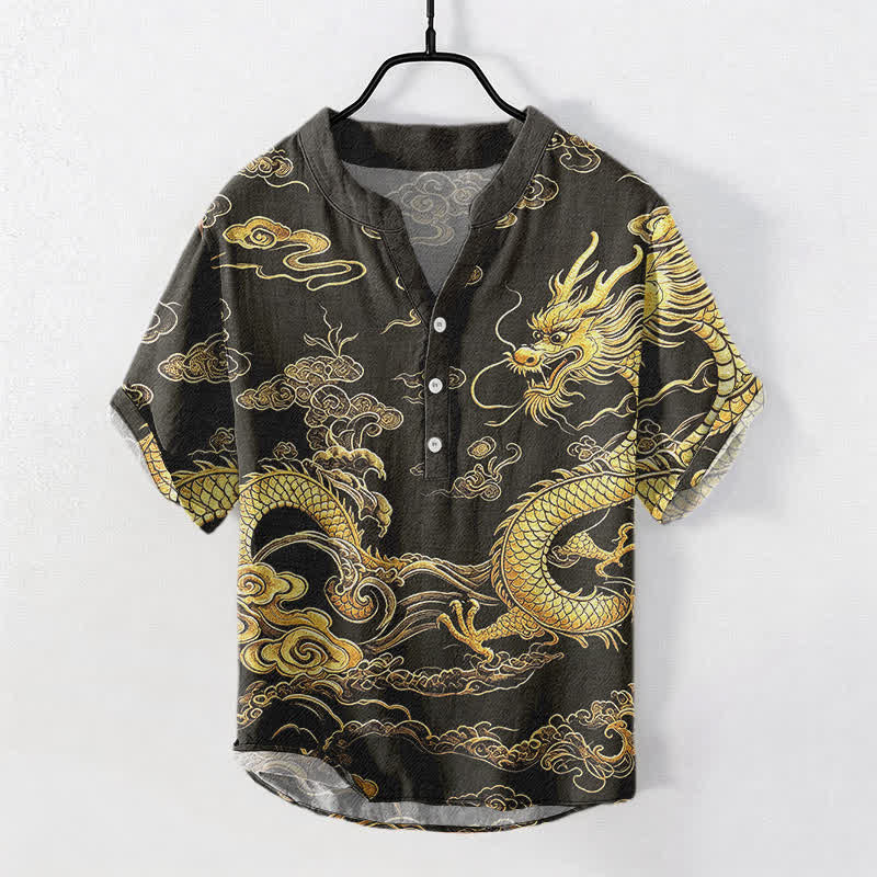 Buddha Stones 綿素材の金龍雲柄メンズ半袖ハーフボタンシャツ - 黒 - US/UK/AU50、EU60（5XL） - image 0