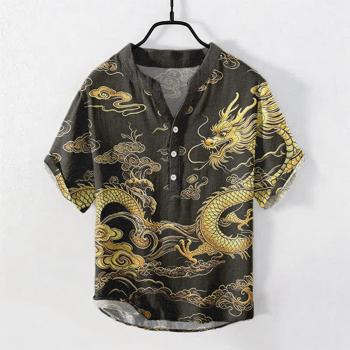 Buddha Stones 綿素材の金龍雲柄メンズ半袖ハーフボタンシャツ - 黒 - US/UK/AU50、EU60（5XL） - image 0