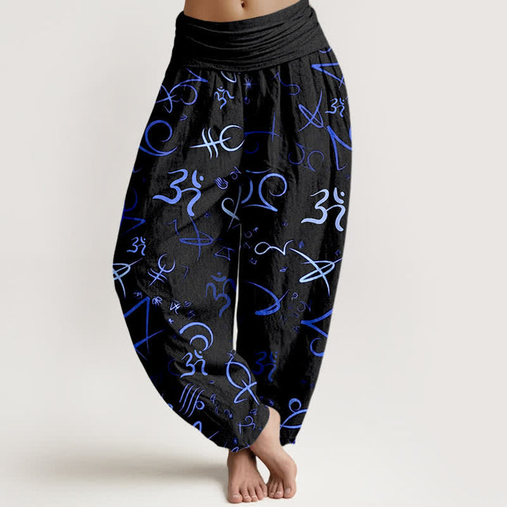 Buddha Stones ピュアコットン ブルー OM シンボル柄 レディース ゴムウエスト ハーレムパンツ - 黒 - US16、 UK/AU20、 EU48 (3XL) - image 0