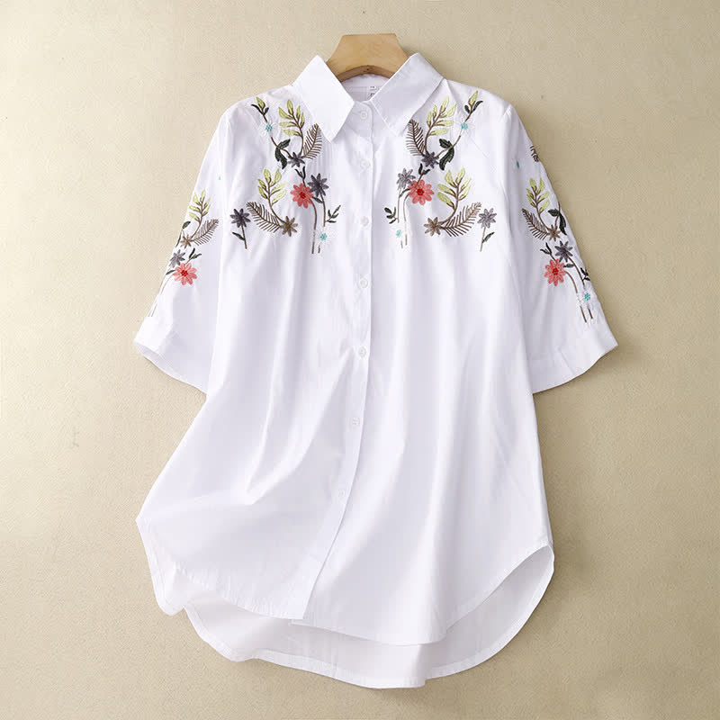 Buddha Stones 春夏ボヘミアン刺繍花柄レディース半袖シャツ - 白 - US8-10，UK/AU12-14，EU40-42 (2XL) - image 6