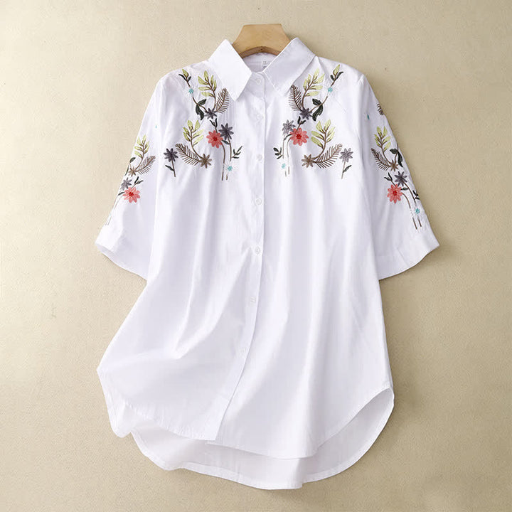 Buddha Stones 春夏ボヘミアン刺繍花柄レディース半袖シャツ - 白 - US8-10，UK/AU12-14，EU40-42 (2XL) - image 6