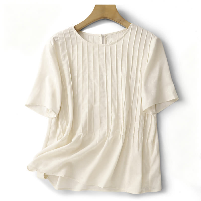 Buddha Stones 夏にぴったりのエレガントなプリーツ入り無地レディース半袖Tシャツ - ベージュ - US6、 UK/AU10、 EU38 (XL) - image 1
