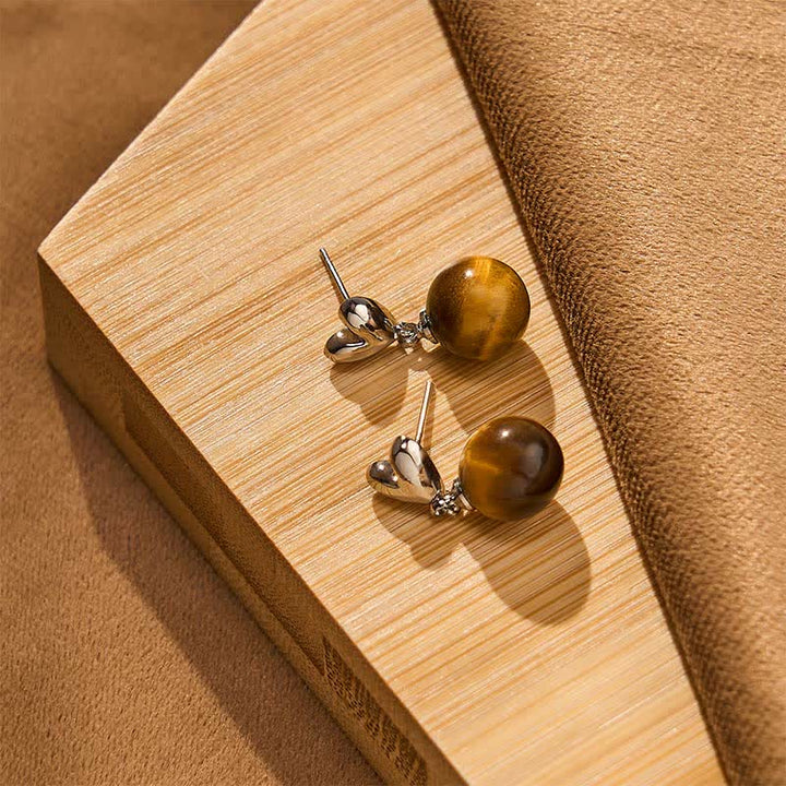 Buddha Stones タイガーアイハートデザイン銅製勇気イヤリング - image 3