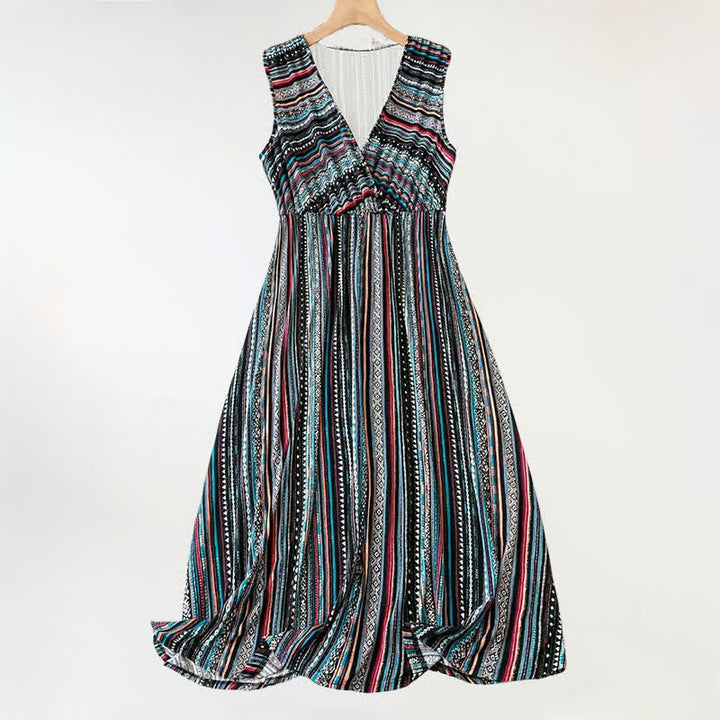Buddha Stones 夏用ボヘミアンストライプVネックノースリーブワンピース - 黒 - US20、 UK/AU24、 EU52 (5XL) - image 0