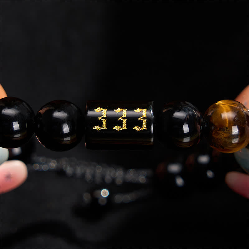 Buddha Stones エンジェルナンバー 天然ブラックオブシディアン タイガーアイ 強さと成就のブレスレット - image 1
