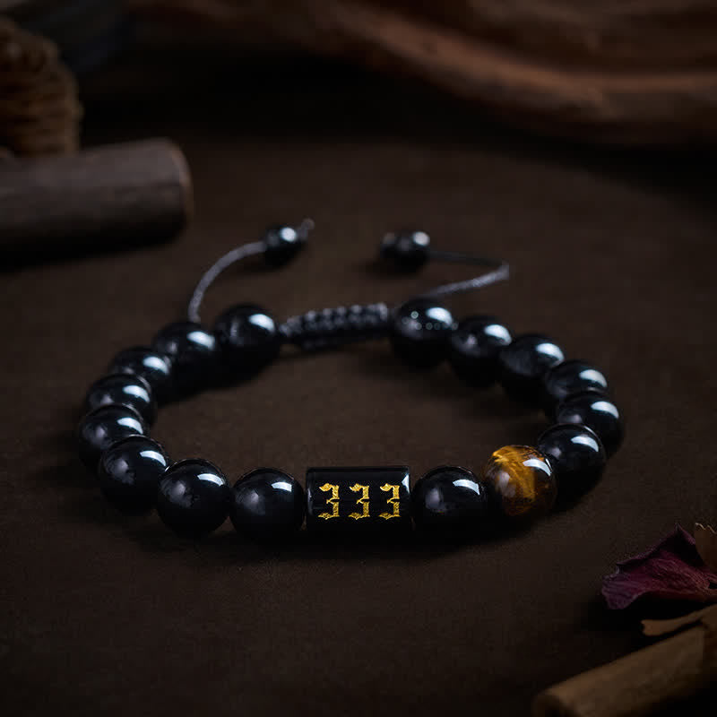 Buddha Stones エンジェルナンバー 天然ブラックオブシディアン タイガーアイ 強さと成就のブレスレット - 333（手首周り15～19cm） - image 0