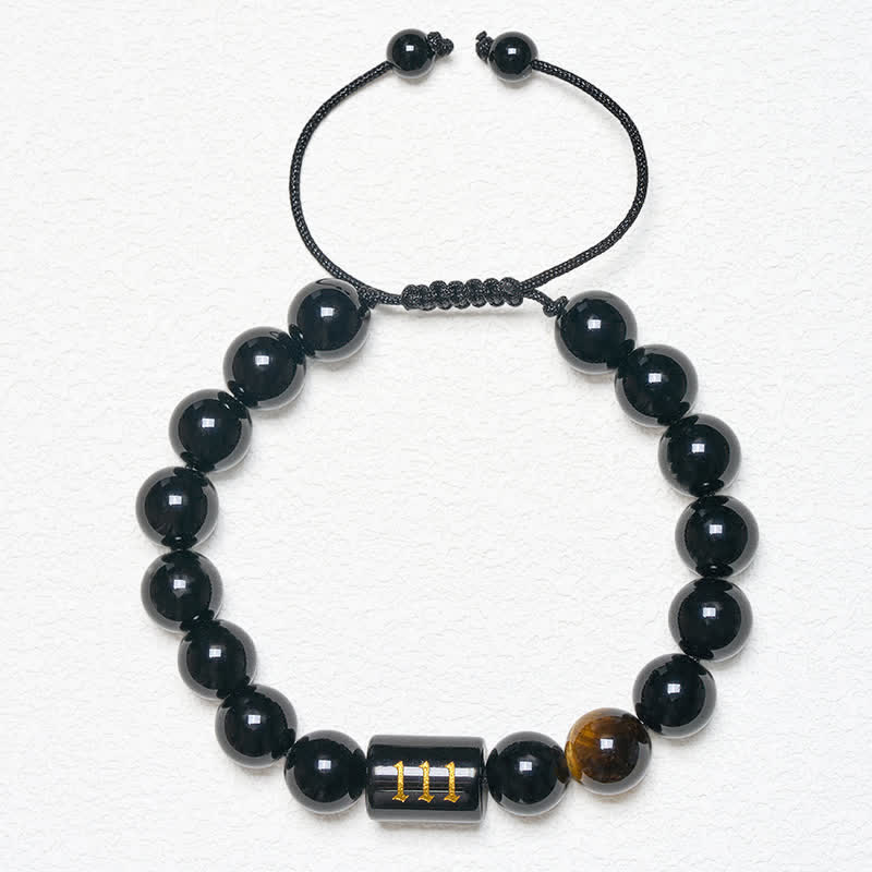Buddha Stones エンジェルナンバー 天然ブラックオブシディアン タイガーアイ 強さと成就のブレスレット - image 11