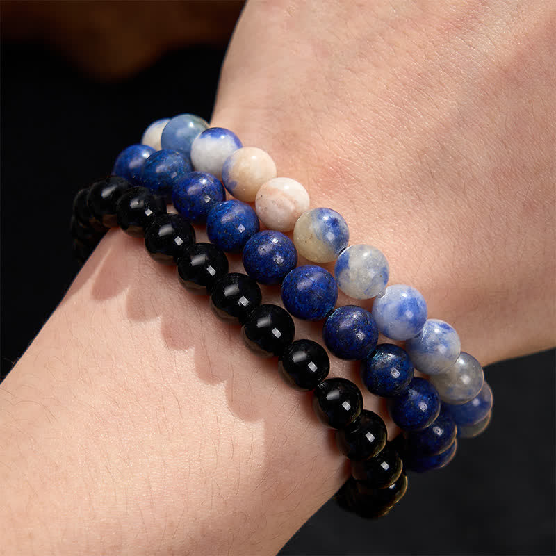 Buddha Stones ラズライト、ラピスラズリ、ソーダライト、ブラックオニキスビーズの幸運を呼ぶブレスレット - image 4