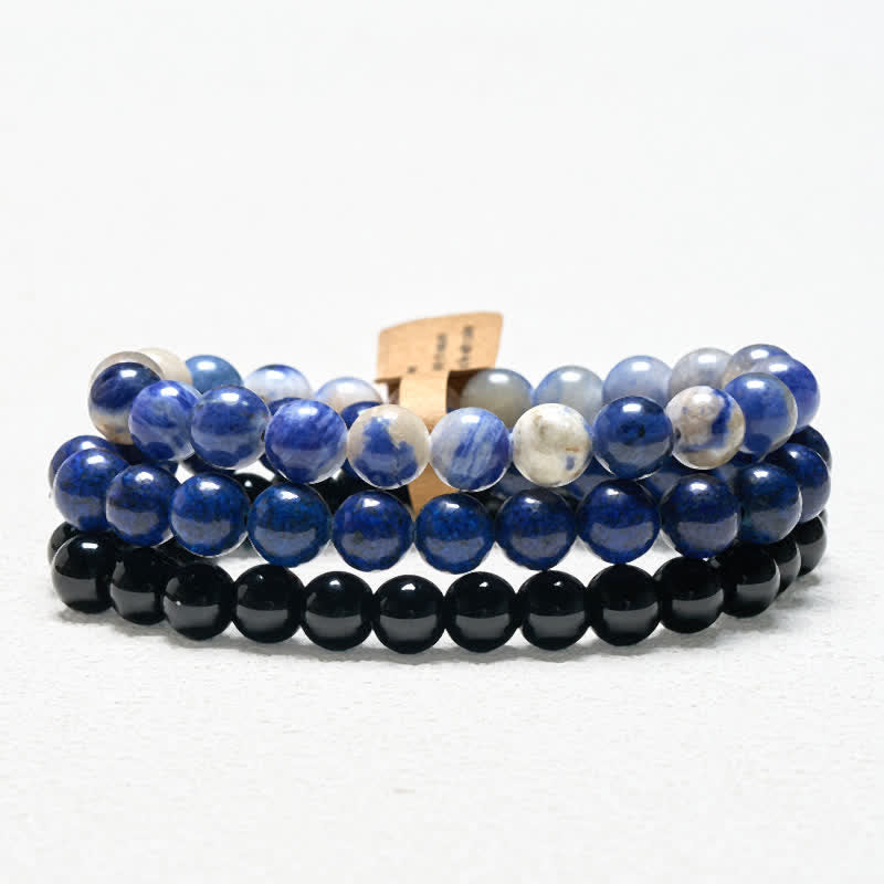 Buddha Stones ラズライト、ラピスラズリ、ソーダライト、ブラックオニキスビーズの幸運を呼ぶブレスレット - 15～16cm - image 0