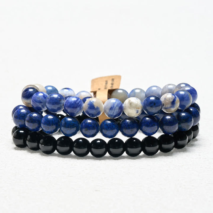 Buddha Stones ラズライト、ラピスラズリ、ソーダライト、ブラックオニキスビーズの幸運を呼ぶブレスレット - 15～16cm - image 0