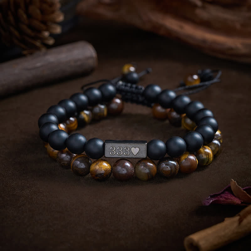 Buddha Stones フロスト加工のタイガーアイストーン2個セット 333 222 111 11:11 44​​4 エンジェルナンバー キュアブレスレット - image 1