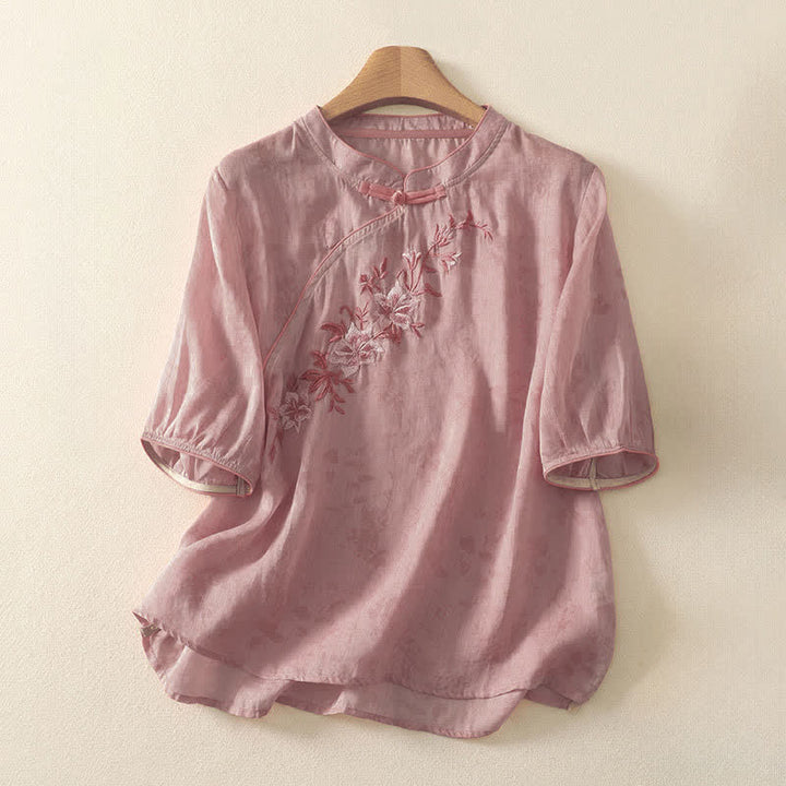 Buddha Stones 夏物唐風刺繍花柄マンダリンカラー無地レディース半袖シャツ - ピーチパフ - US8-10，UK/AU12-14，EU40-42 (2XL) - image 11