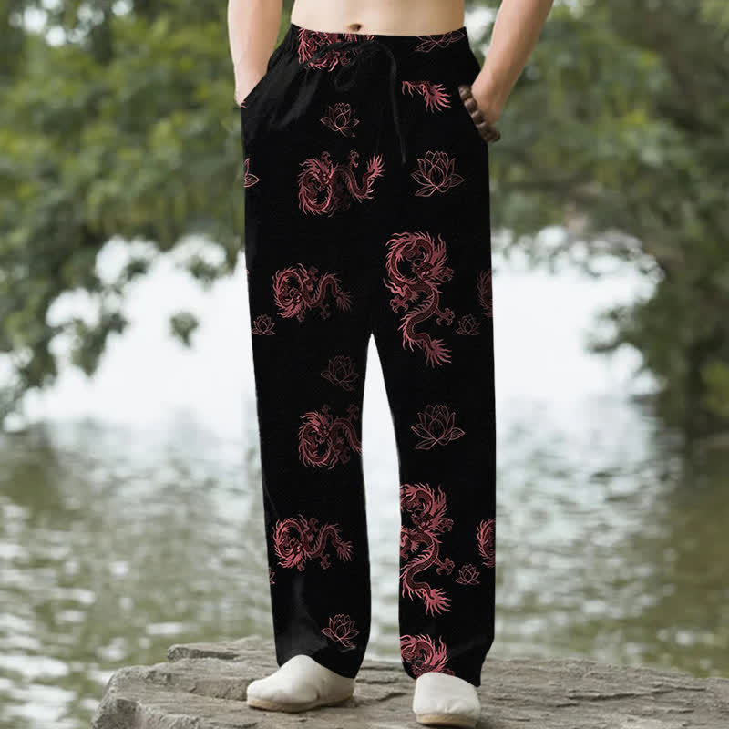 Buddha Stones コットン素材、龍蓮柄、メンズテーパードパンツ（ポケット付き） - トマト - US/UK/AU50、EU60（5XL） - image 6