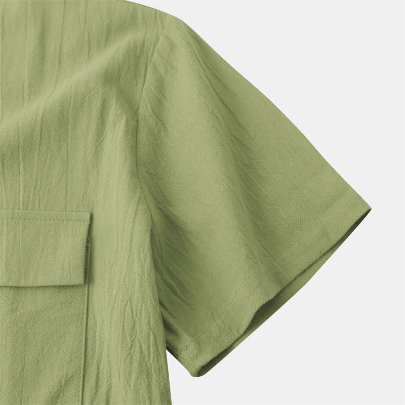 Buddha Stones 夏物カジュアル無地ボタン付きメンズ半袖シャツ（装飾ポケット付き） - image 67