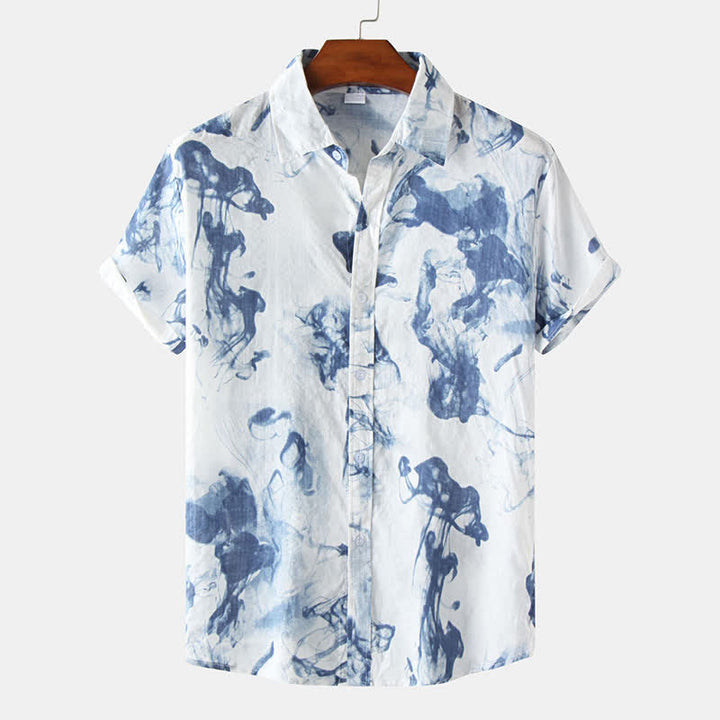 Buddha Stones 夏物カジュアルボタンアップインクプリントメンズ半袖シャツ - スチールブルー - US/UK/AU46、 EU56 (3XL) - image 8