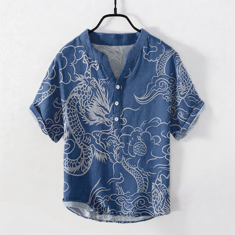 Buddha Stones 綿素材の白龍雲柄メンズ半袖ハーフボタンシャツ - スチールブルー - US/UK/AU50、EU60（5XL） - image 0