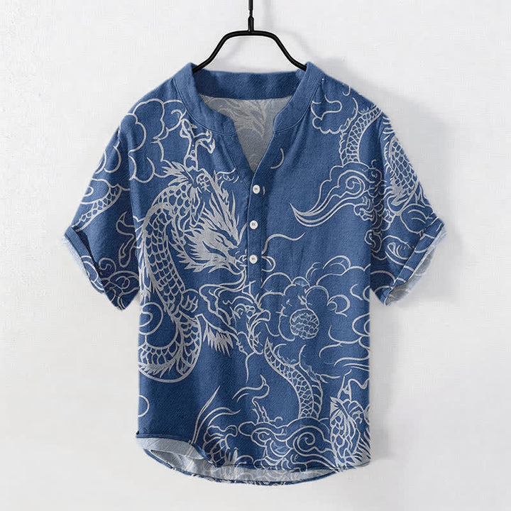 Buddha Stones 綿素材の白龍雲柄メンズ半袖ハーフボタンシャツ - スチールブルー - US/UK/AU50、EU60（5XL） - image 0