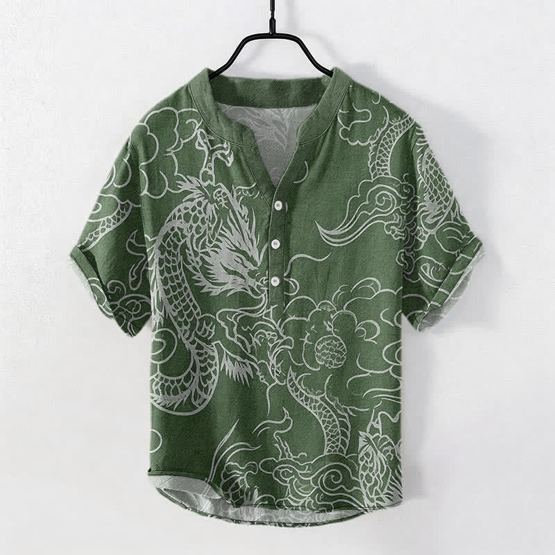 Buddha Stones 綿素材の白龍雲柄メンズ半袖ハーフボタンシャツ - フォレストグリーン - US/UK/AU50、EU60（5XL） - image 5