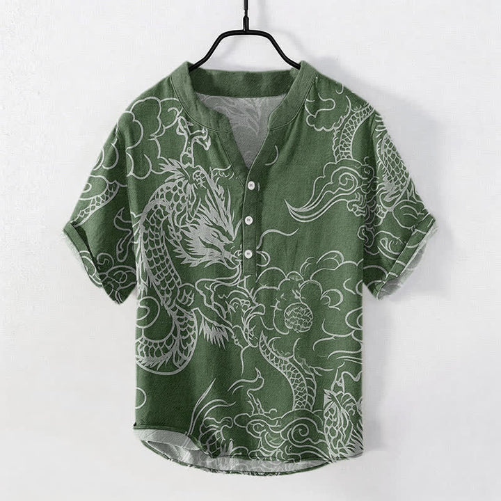 Buddha Stones 綿素材の白龍雲柄メンズ半袖ハーフボタンシャツ - フォレストグリーン - US/UK/AU50、EU60（5XL） - image 5