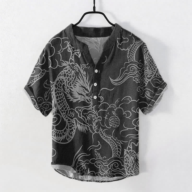 Buddha Stones 綿素材の白龍雲柄メンズ半袖ハーフボタンシャツ - 黒 - US/UK/AU50、EU60（5XL） - image 7