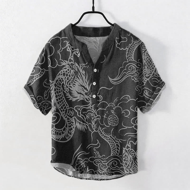 Buddha Stones 綿素材の白龍雲柄メンズ半袖ハーフボタンシャツ - 黒 - US/UK/AU50、EU60（5XL） - image 7