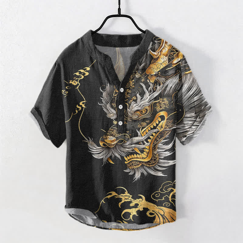 Buddha Stones 綿素材の金龍柄メンズ半袖ハーフボタンシャツ - 黒 - US/UK/AU50、EU60（5XL） - image 0