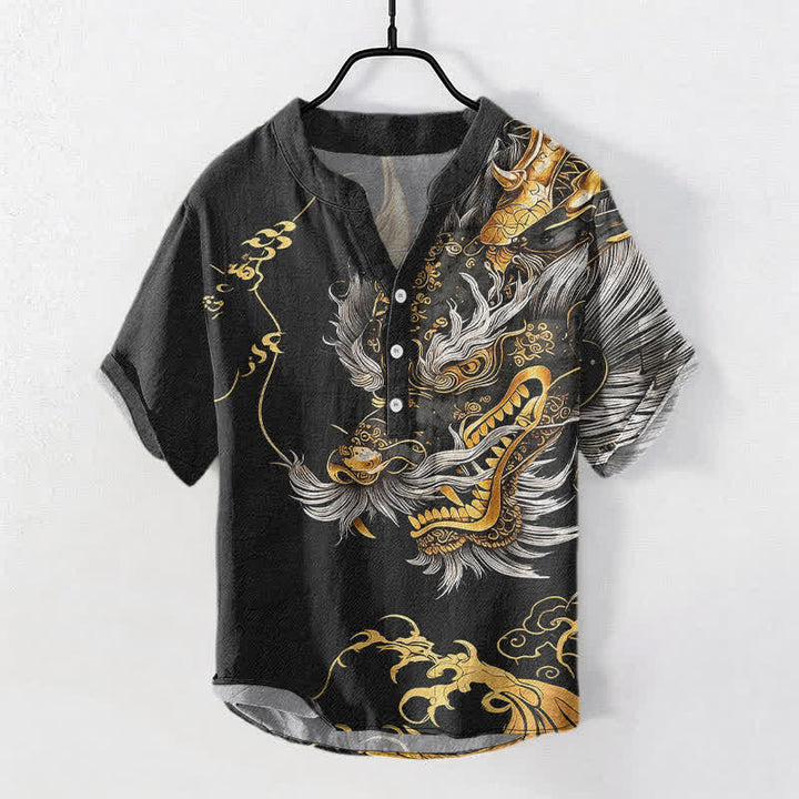 Buddha Stones 綿素材の金龍柄メンズ半袖ハーフボタンシャツ - 黒 - US/UK/AU50、EU60（5XL） - image 0