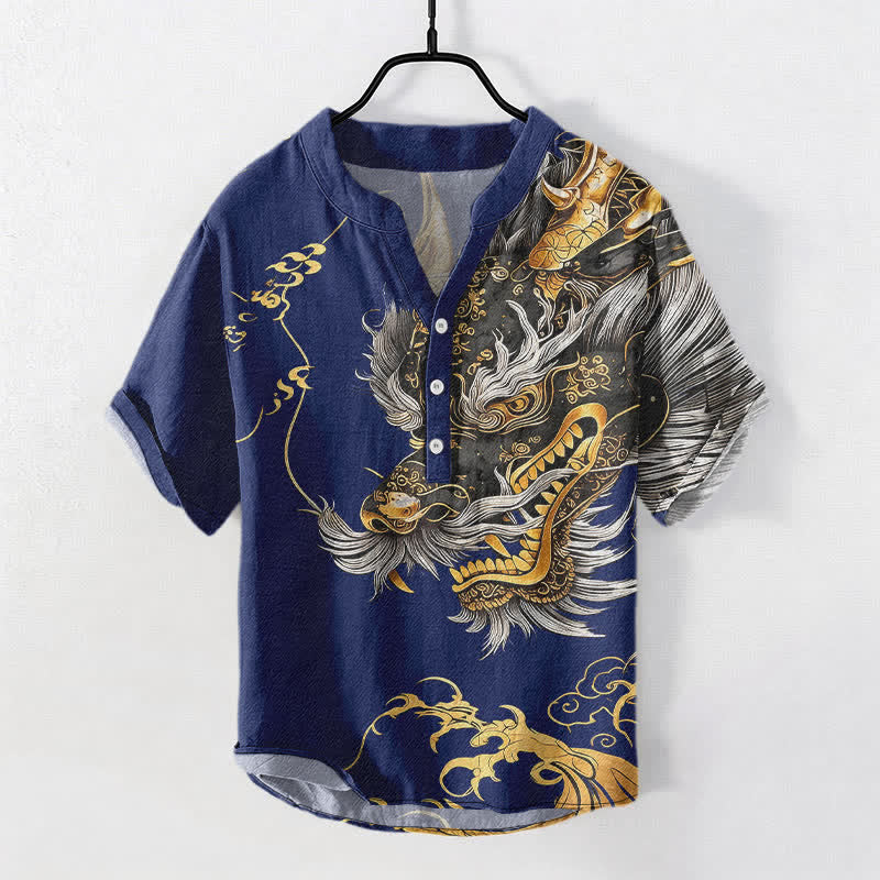 Buddha Stones 綿素材の金龍柄メンズ半袖ハーフボタンシャツ - 海軍 - US/UK/AU50、EU60（5XL） - image 5