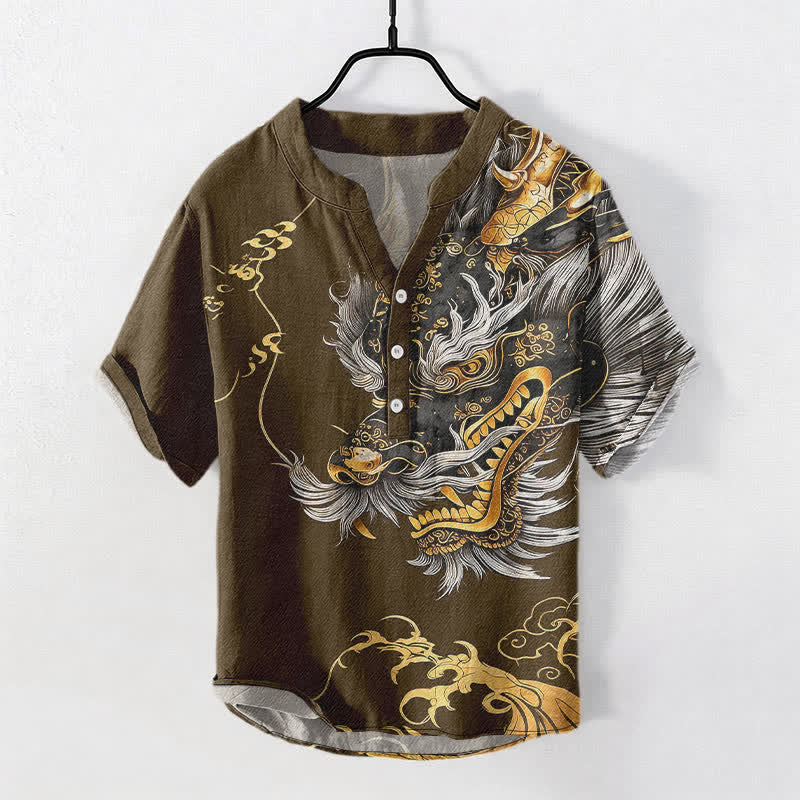 Buddha Stones 綿素材の金龍柄メンズ半袖ハーフボタンシャツ - サドルブラウン - US/UK/AU50、EU60（5XL） - image 7
