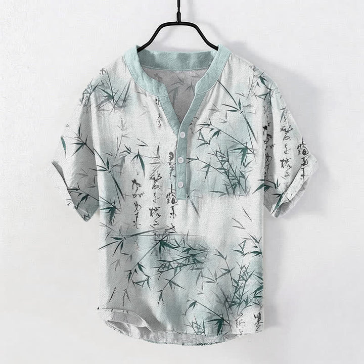 Buddha Stones コットンインク竹書道柄メンズ半袖ハーフボタンシャツ - ペールターコイズ - US/UK/AU50、EU60（5XL） - image 0