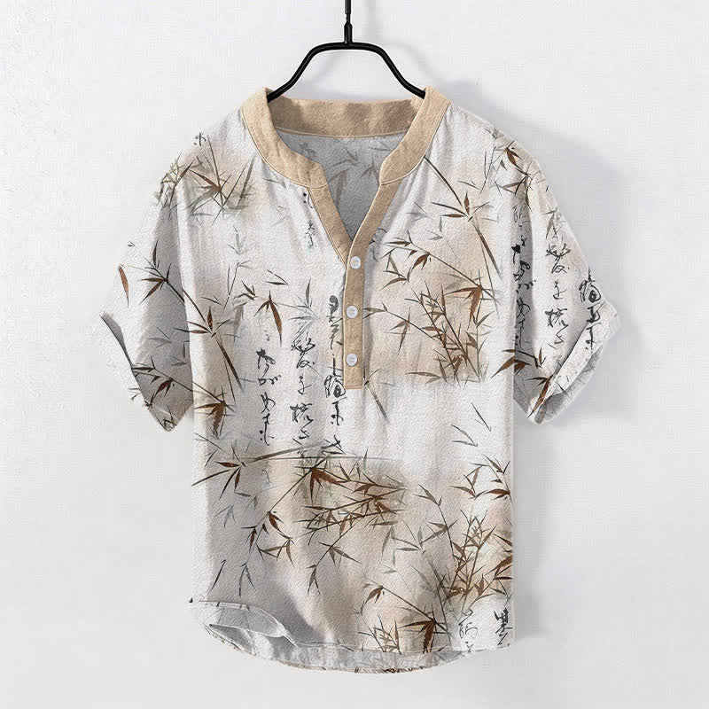 Buddha Stones コットンインク竹書道柄メンズ半袖ハーフボタンシャツ - リネン - US/UK/AU50、EU60（5XL） - image 5