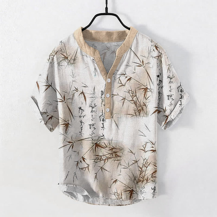 Buddha Stones コットンインク竹書道柄メンズ半袖ハーフボタンシャツ - リネン - US/UK/AU50、EU60（5XL） - image 5