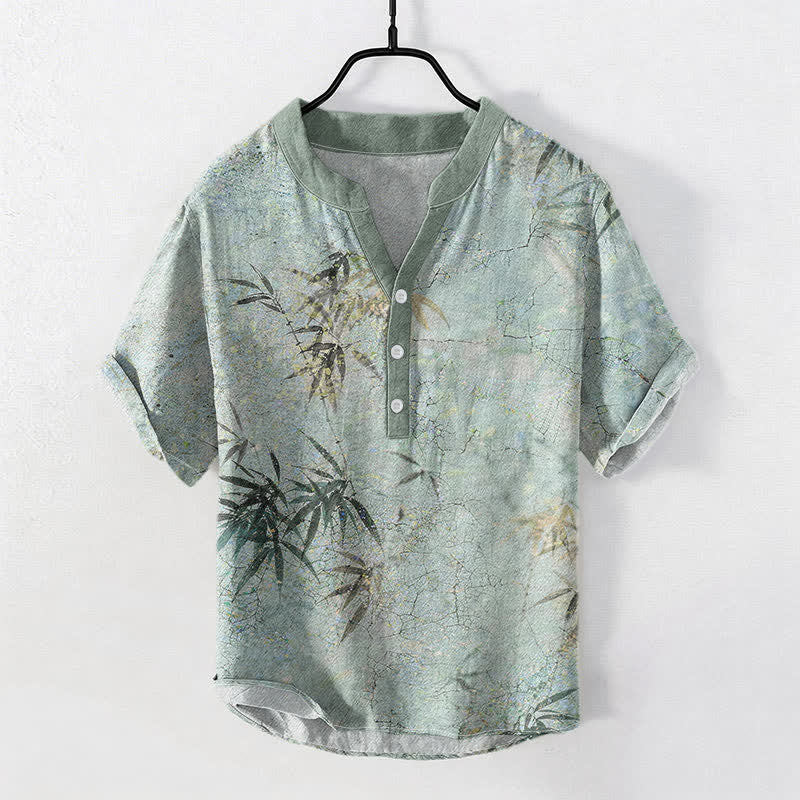 Buddha Stones コットンインク竹葉柄メンズ半袖ハーフボタンシャツ - ミディアムアクアマリン - US/UK/AU50、EU60（5XL） - image 0