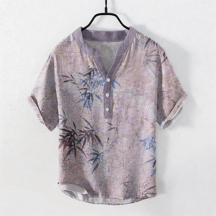 Buddha Stones コットンインク竹葉柄メンズ半袖ハーフボタンシャツ - アザミ - US/UK/AU50、EU60（5XL） - image 3