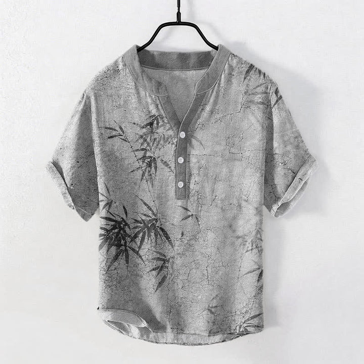 Buddha Stones コットンインク竹葉柄メンズ半袖ハーフボタンシャツ - ライトグレー - US/UK/AU50、EU60（5XL） - image 5