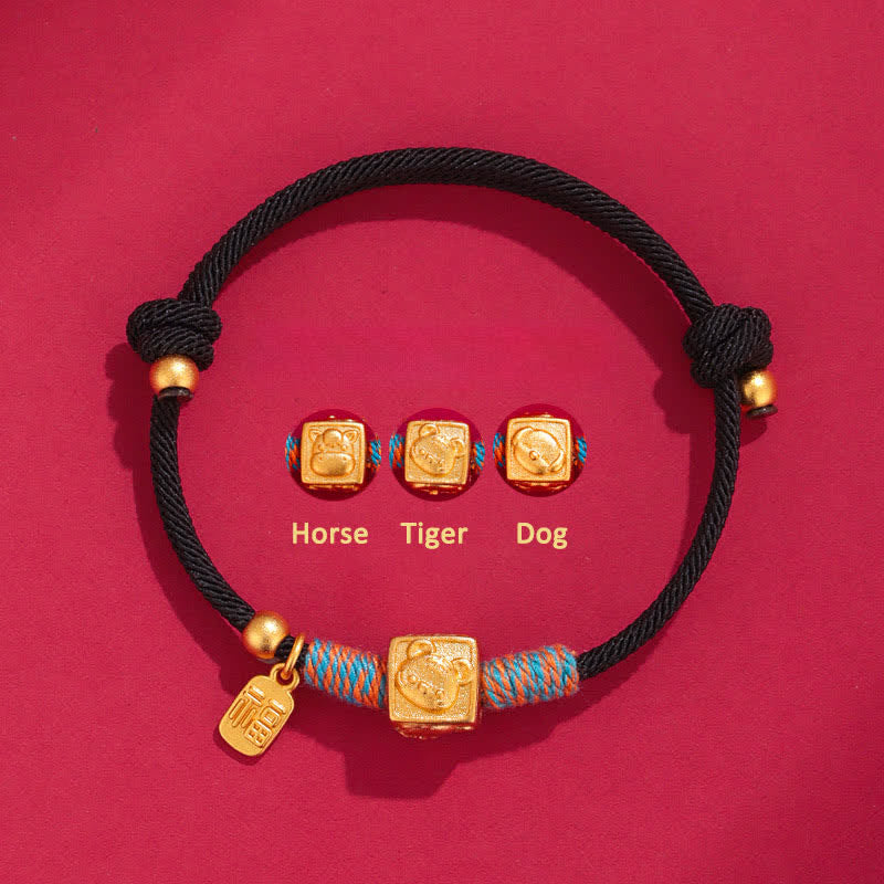 Buddha Stones 手作りの三和音干支保護赤紐ブレスレット - 馬、虎、犬の三位一体をモチーフにした黒糸ブレスレット - 赤紐（守護♥幸運） - image 9