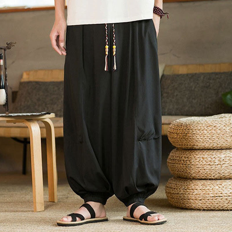 Buddha Stones 夏物カジュアルヴィンテージドローストリング無地アンクル丈パンツメンズハーレムパンツポケット付き - image 1