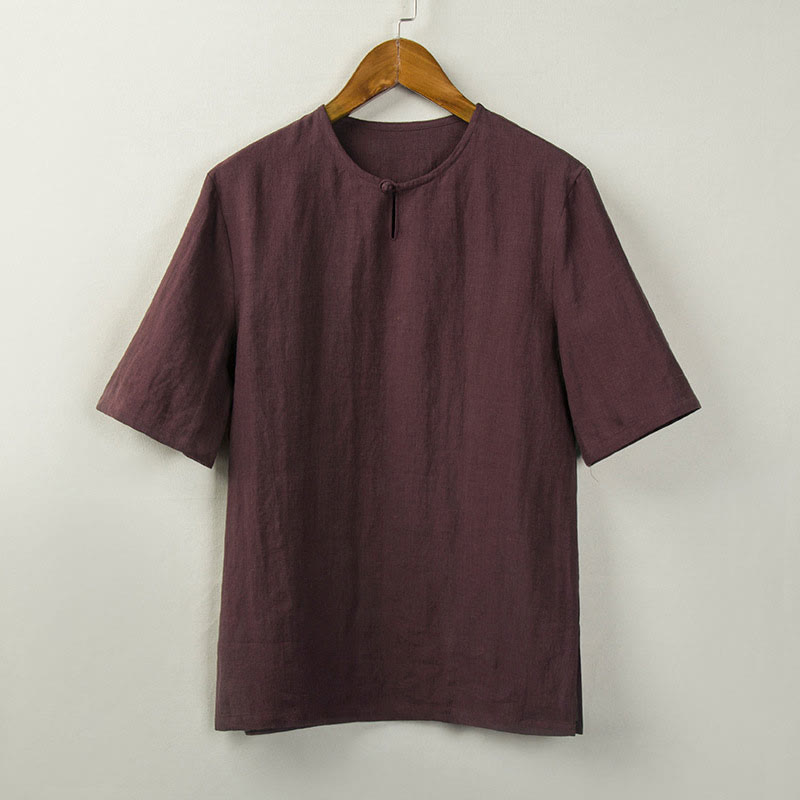 Buddha Stones 夏物 唐風 結びボタン サイドスリット 無地 メンズシャツ - ダークレッド - US/UK/AU44、 EU54 (4XL) - image 2
