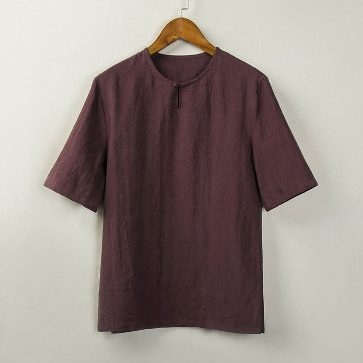 Buddha Stones 夏物 唐風 結びボタン サイドスリット 無地 メンズシャツ - ダークレッド - US/UK/AU44、 EU54 (4XL) - image 2
